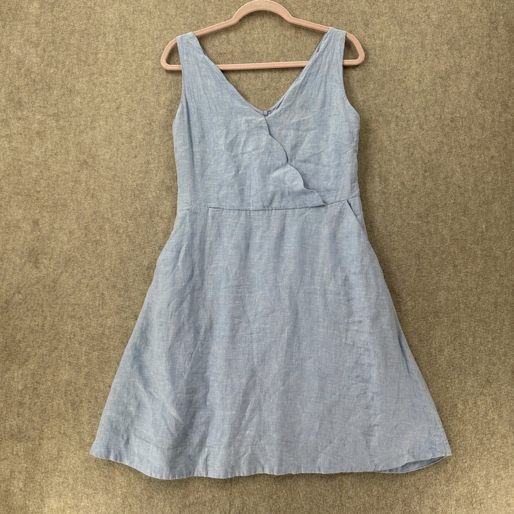Tahari 100% Linen Scalloped Sleeveless Blue Lagenlook Dress Sz 8‎ Beach Cruise